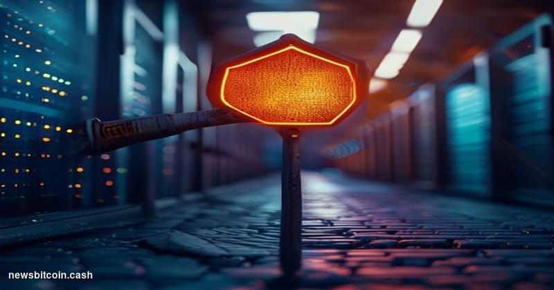 Cinematic photorealistic editorial photograph of a physical crossroads signpost in a dark, moody tech environment, with one w