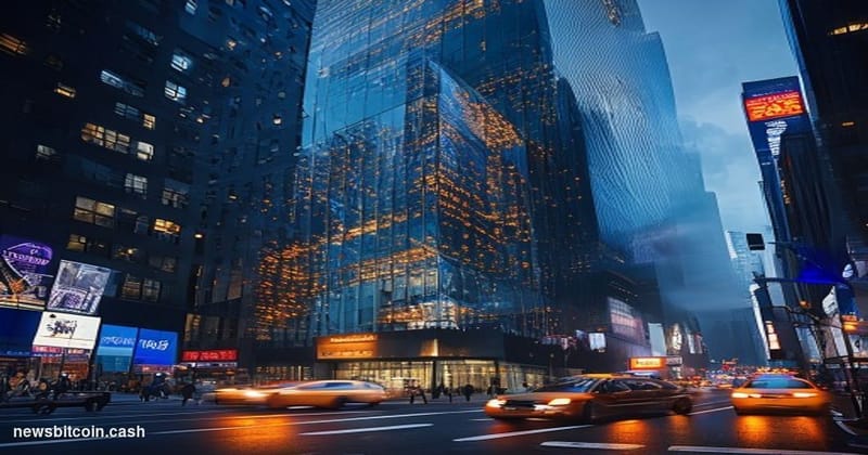 Cinematic photorealistic editorial photograph of Morgan Stanley's iconic Manhattan headquarters at 1585 Broadway, Times Squar