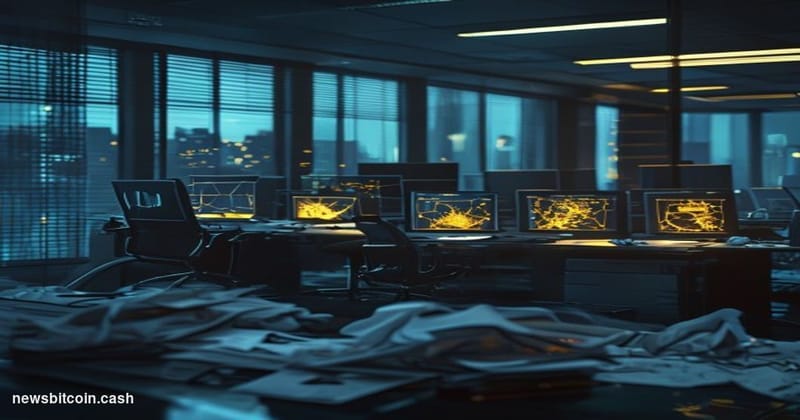 Cinematic photorealistic editorial photograph of a darkened corporate tech office interior, abandoned workstations with glowi