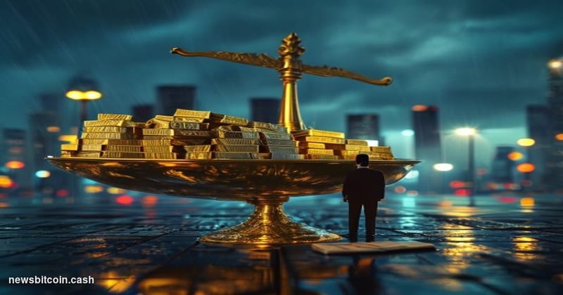 Cinematic photorealistic editorial photograph of a massive gilded scale in the foreground, one side bearing a gleaming stack 