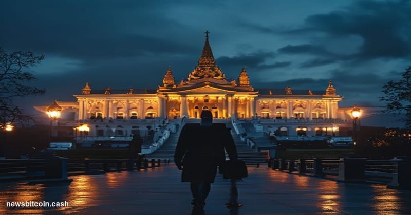 Cinematic photorealistic editorial photograph of Myanmar's Naypyidaw parliament building at dusk, the iconic Union Parliament
