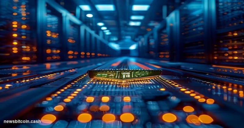 Cinematic photorealistic editorial photograph of a massive cryptocurrency mining facility interior, rows of ASIC mining rigs 