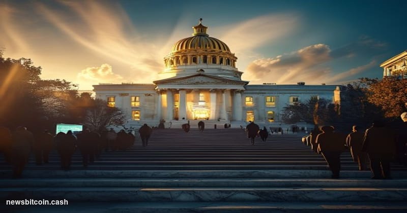 Cinematic photorealistic editorial photograph of the New Hampshire State House in Concord, its iconic gold dome illuminated u