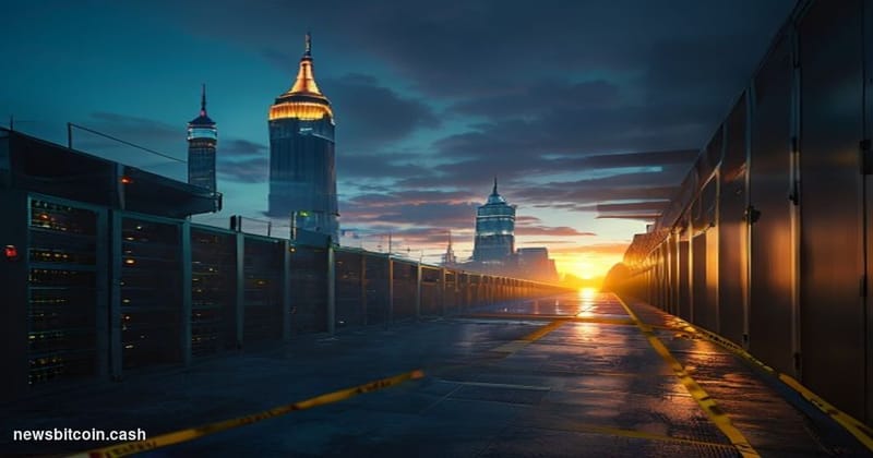Cinematic photorealistic editorial photograph of a large industrial data center facility in upstate New York, shot at dusk fr