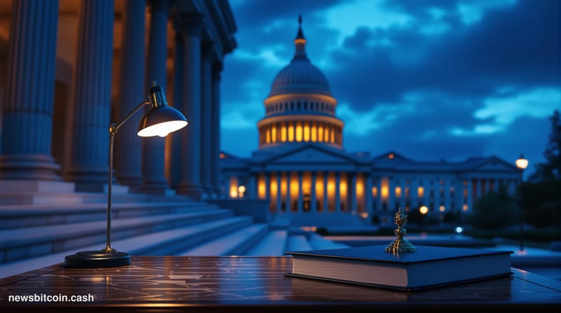 A cinematic photorealistic editorial photograph of the United States Capitol building at dusk, shot from a low angle on the S