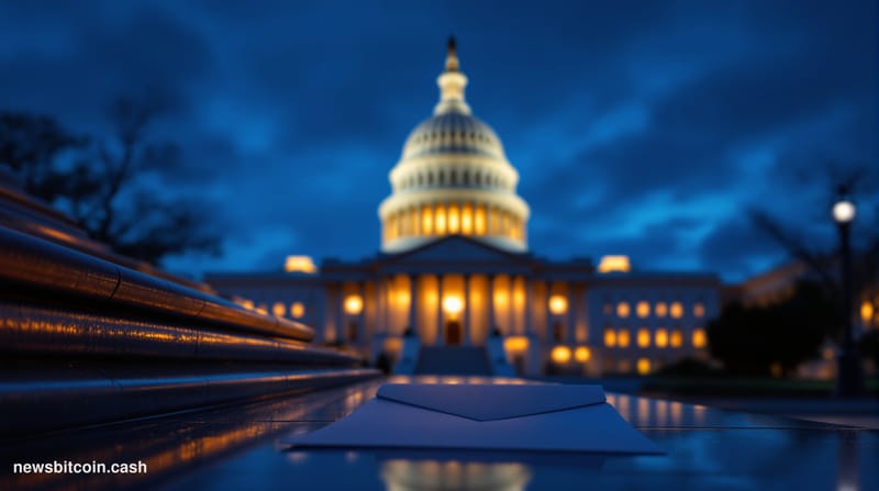 Cinematic photorealistic editorial photograph of the United States Senate chamber exterior at dusk, the Capitol dome lit with