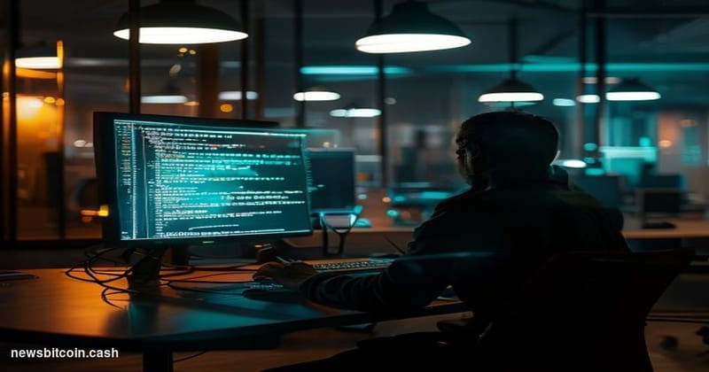 A cinematic photorealistic editorial photograph set in a dimly lit, high-security software development office at night. The f