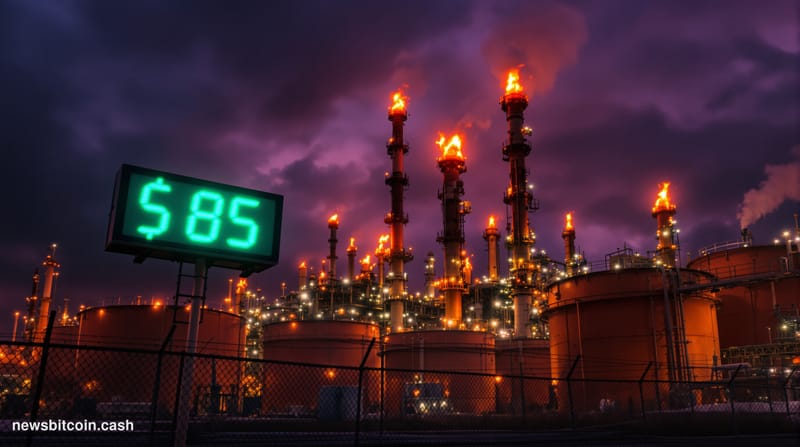 A cinematic photorealistic editorial photograph shot at a sprawling Texas oil refinery at dusk, with massive cylindrical stor