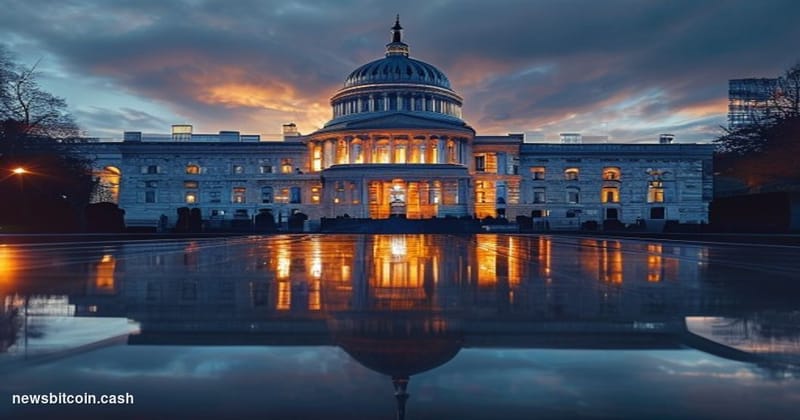 Cinematic photorealistic editorial photograph of the New York State Capitol building in Albany at dusk, dramatic golden-hour 