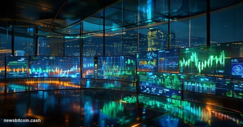 A cinematic photorealistic editorial photograph of OKX's exchange trading interface displayed on large curved monitors inside