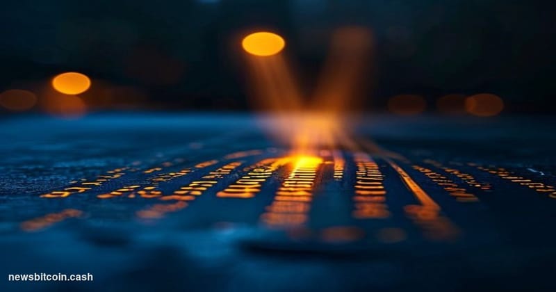 A cinematic photorealistic editorial photograph of a close-up view of illuminated Bitcoin script code projected onto a dark m