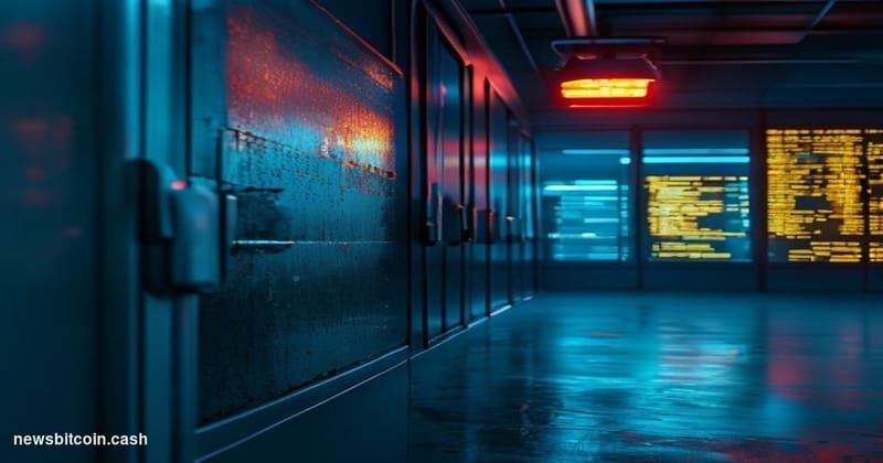 Cinematic photorealistic editorial photograph of a sleek, dimly lit server room corridor with cool blue-tinted ambient lighti