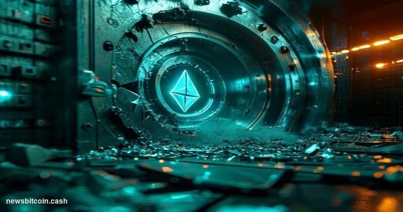 A cinematic photorealistic editorial photograph shot at low angle looking up at a cracked and partially shattered vault door 