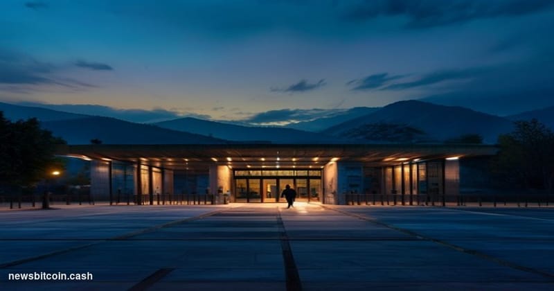 Cinematic photorealistic editorial photograph of a modern Pakistani government building in Islamabad at dusk, with the Margal