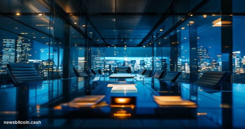 Cinematic photorealistic editorial photograph of a sleek, modern venture capital firm's glass-walled conference room in San F