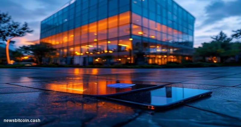 Cinematic photorealistic editorial photograph of PayPal's San Jose headquarters campus exterior at dusk, dramatic low-angle s
