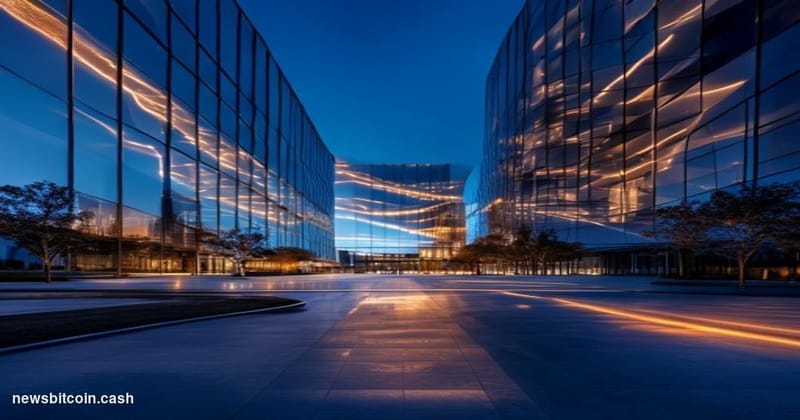 Cinematic photorealistic editorial photograph of PayPal's San Jose headquarters exterior at dusk, the distinctive modern glas