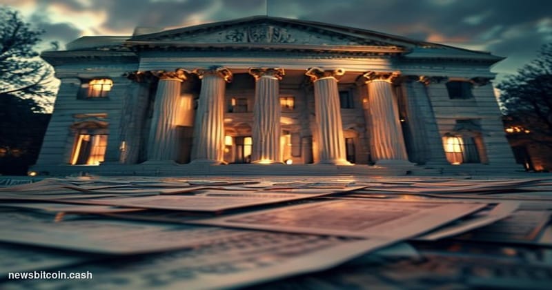 A cinematic photorealistic editorial photograph of the U.S. Treasury building in Washington D.C. at dusk, shot from a low wid