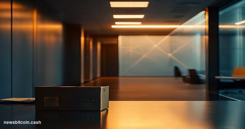 A cinematic photorealistic editorial photograph of a modern tech company office corridor in partial darkness, with warm amber