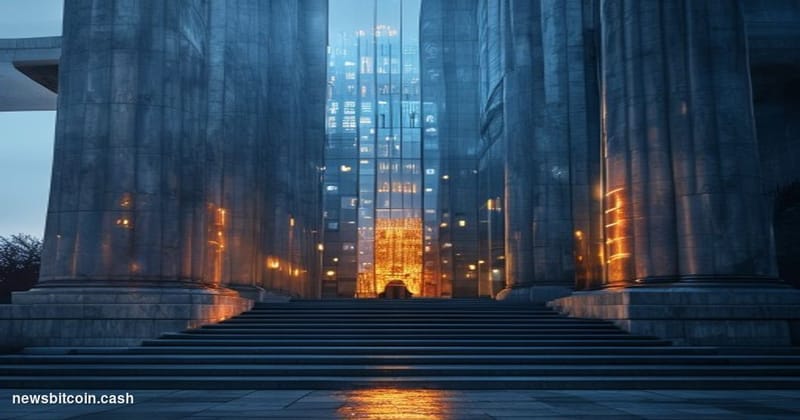 A cinematic photorealistic editorial photograph shot from a low angle looking up at a federal regulatory building facade — ma