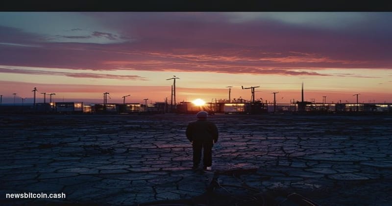 Cinematic photorealistic editorial photograph of a vast West Texas desert landscape at dusk, with rows of industrial bitcoin 
