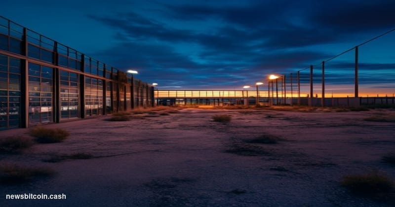 Cinematic photorealistic editorial photograph of an abandoned large-scale industrial Bitcoin mining facility in the West Texa
