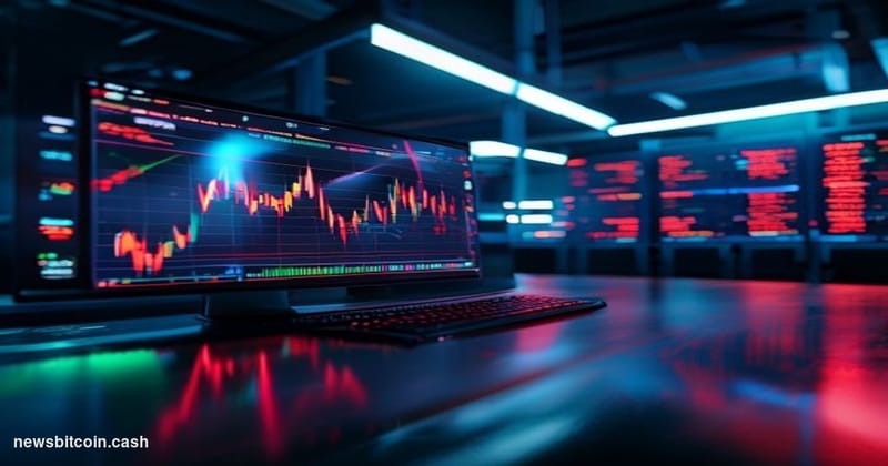 A cinematic photorealistic editorial photograph set in a high-tech trading environment with strong visual references to the A
