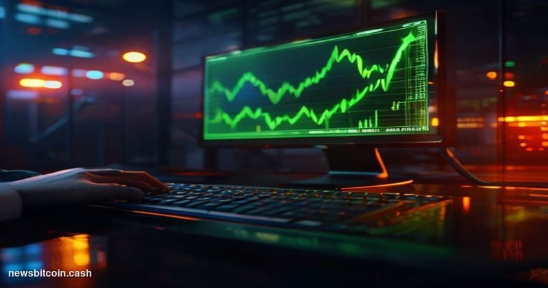 Cinematic photorealistic editorial photograph of a glowing trading terminal display in a darkened room, showing a sharp upwar