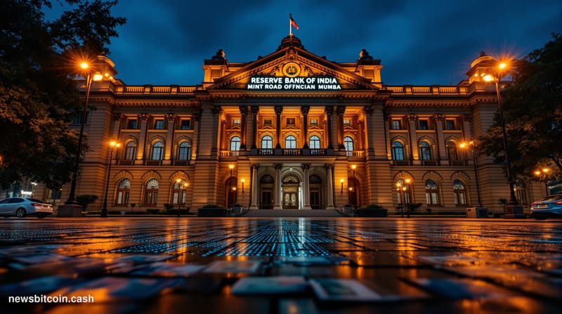 Cinematic photorealistic editorial photograph of the Reserve Bank of India's iconic Mumbai headquarters building — the grand 