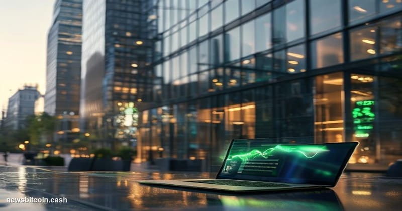 Cinematic photorealistic editorial photograph of a sleek European Union regulatory environment — the glass and steel facade o