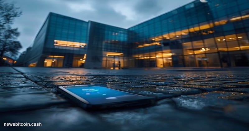 Cinematic photorealistic editorial photograph of Revolut's London headquarters at dusk, shot from a low angle looking up at t