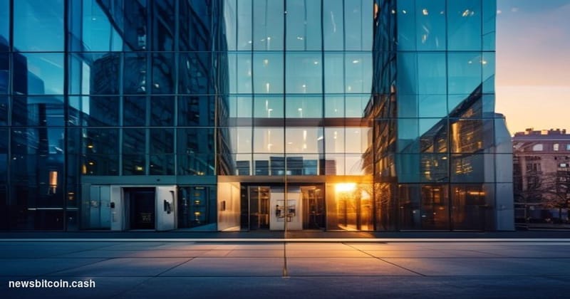 Cinematic photorealistic editorial photograph of Revolut's London headquarters building exterior at dusk, shot from a low ang
