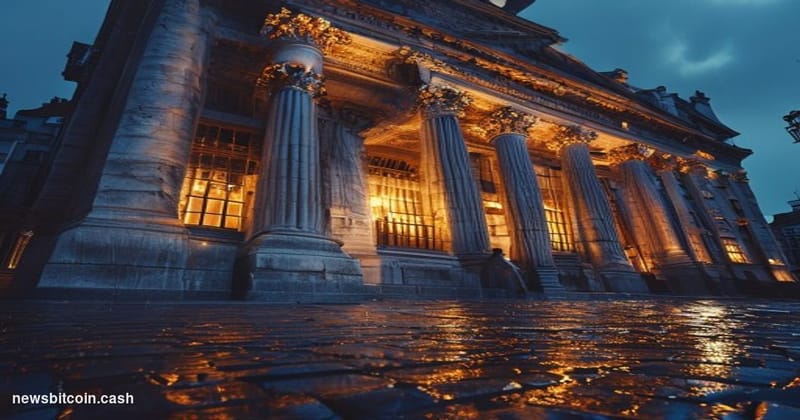 Cinematic photorealistic editorial photograph of the HM Treasury building on Horse Guards Road in Westminster, London, shot a