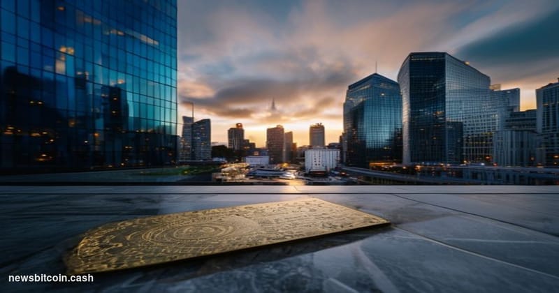 Cinematic photorealistic editorial photograph of the Luxembourg City financial district at dusk, with the iconic Kirchberg pl