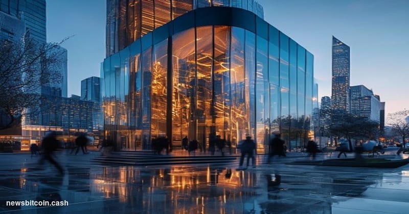 Cinematic photorealistic editorial photograph of Ripple's San Francisco headquarters exterior at dusk, the glass facade catch
