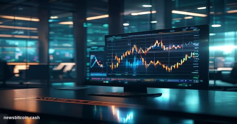 Cinematic photorealistic editorial photograph of a Robinhood-branded trading terminal screen in a dimly lit, modern brokerage