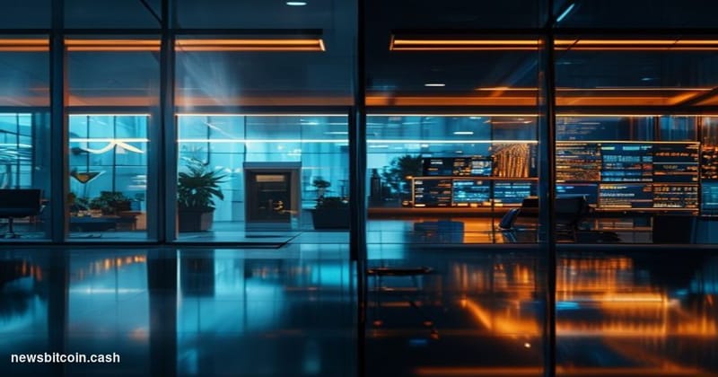 Cinematic photorealistic editorial photograph of a split-frame composition: on the left, the exterior of a modern Silicon Val