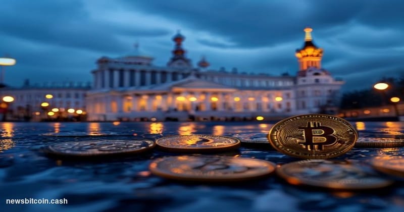 Cinematic photorealistic editorial photograph of the Russian State Duma building in Moscow at dusk, its classical white colon