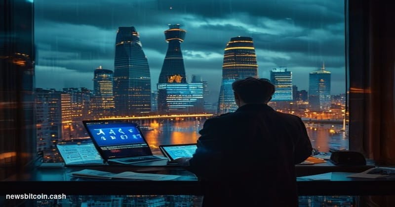 A cinematic photorealistic editorial photograph set in Moscow's financial district at dusk, with the iconic glass towers of t