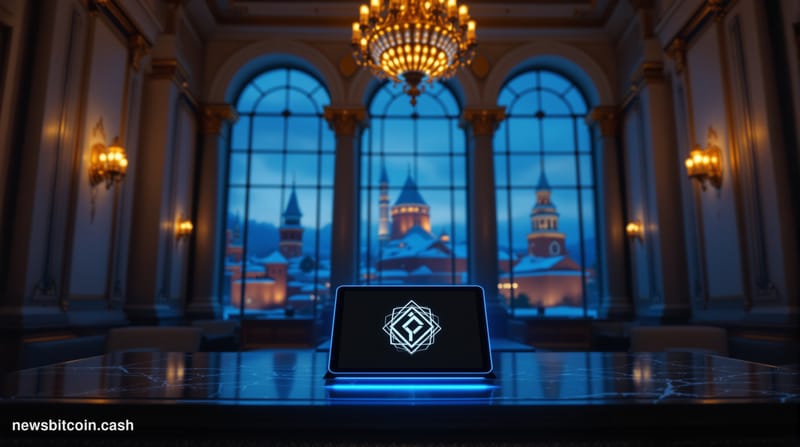 A cinematic photorealistic editorial photograph set inside a grand, marble-clad Russian central bank interior, shot from a lo