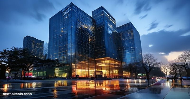 Cinematic photorealistic editorial photograph of Samsung's iconic Seocho headquarters complex in Seoul, South Korea, shot at 