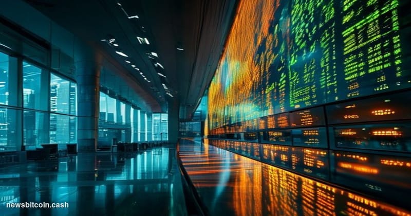Cinematic photorealistic editorial photograph of the Korea Exchange trading floor in Seoul, South Korea, shot from a low angl
