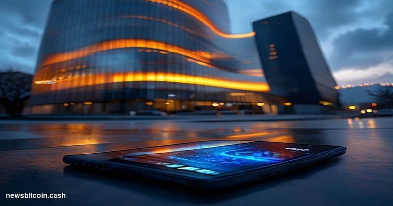 Cinematic photorealistic editorial photograph of Samsung's distinctive curved-glass Korean corporate headquarters in Suwon, S