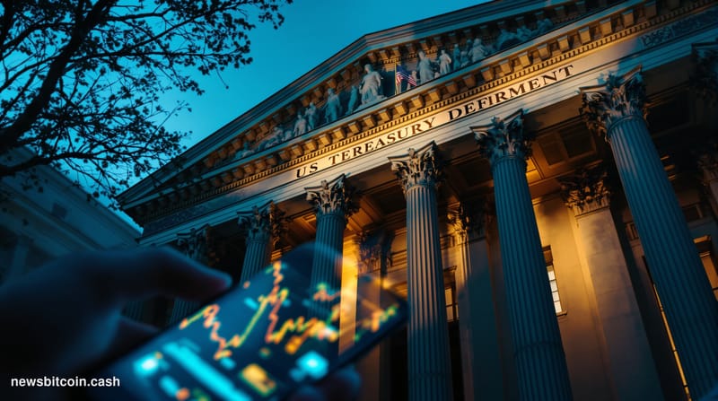 A cinematic photorealistic editorial photograph shot from a low angle looking up at the imposing stone facade of the US Treas