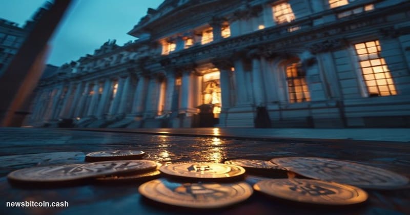 A cinematic photorealistic editorial photograph of the London Stock Exchange's iconic Paternoster Square entrance at dusk, wi