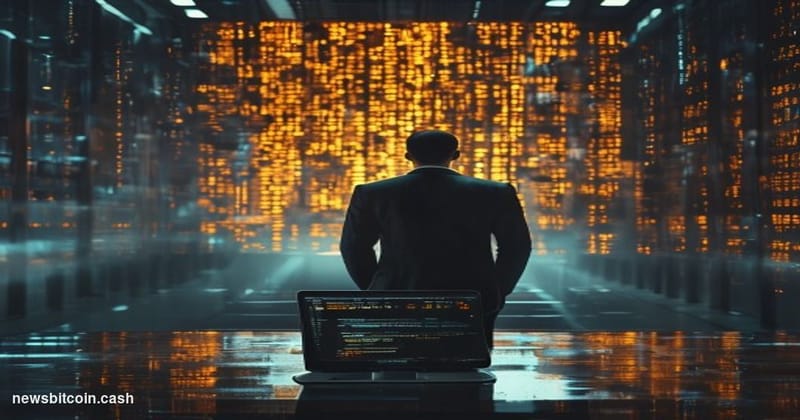 A cinematic photorealistic editorial photograph of a lone figure in a dark business suit standing at the edge of a vast serve