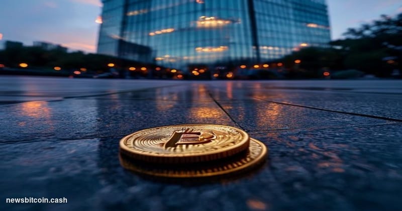Cinematic photorealistic editorial photograph of a gleaming corporate glass tower at dusk, reflected in a still urban plaza f