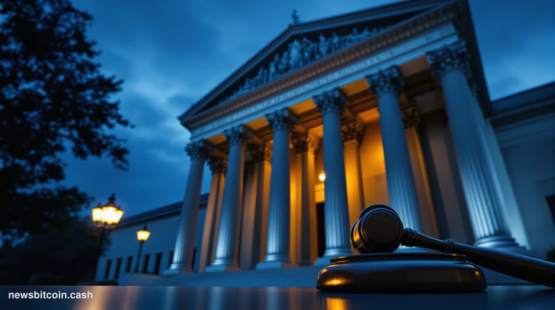 Cinematic photorealistic editorial photograph of the imposing stone facade of the United States Department of Justice headqua