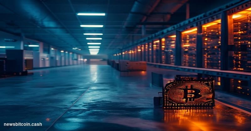 Cinematic photorealistic editorial photograph of a large-scale Bitcoin mining facility going dark — rows of ASIC mining rigs 