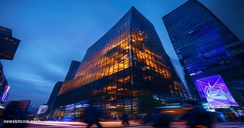 Cinematic photorealistic editorial photograph of the SBI Holdings headquarters tower in Tokyo's financial district at dusk, s